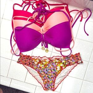 Luli Fama Colorful Floral scrunch butt Bikini Bottoms and 3 tops!
